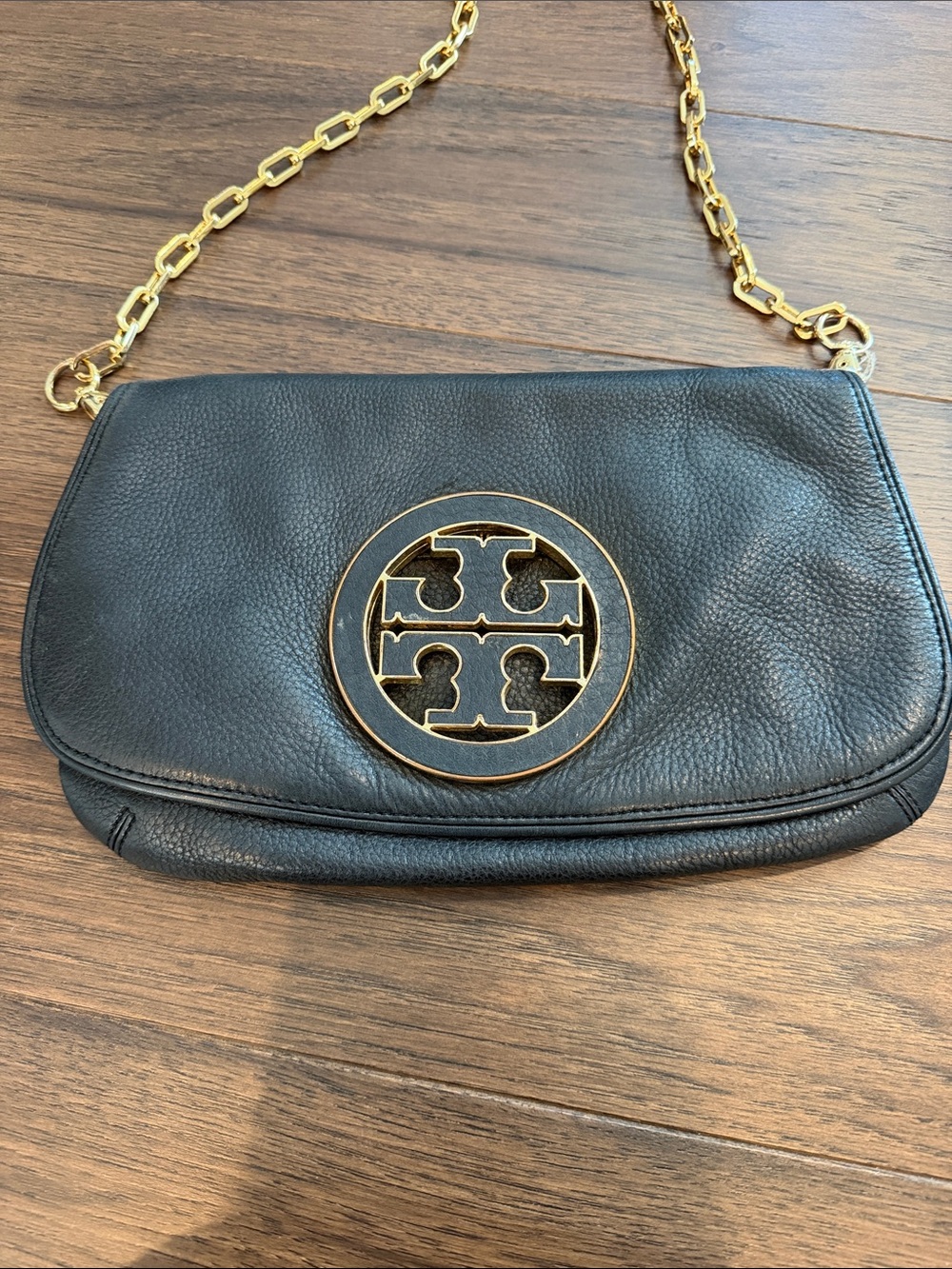 Tory Burch Black Leather Crossbody with Gold-Tone Logo and Chain - C39-182 - Picture 2 of 14